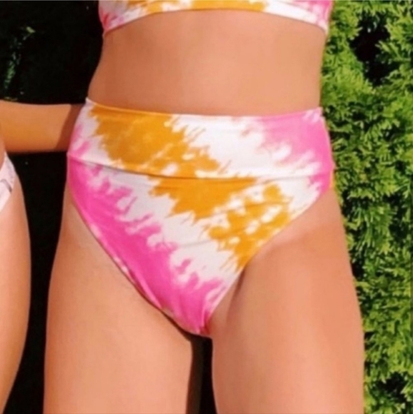 NWT AERIE HIGH RISE SWIM Bikini BOTTOMS WHITE PINK ORANGE Women's XS Tie Dye New - Picture 1 of 7